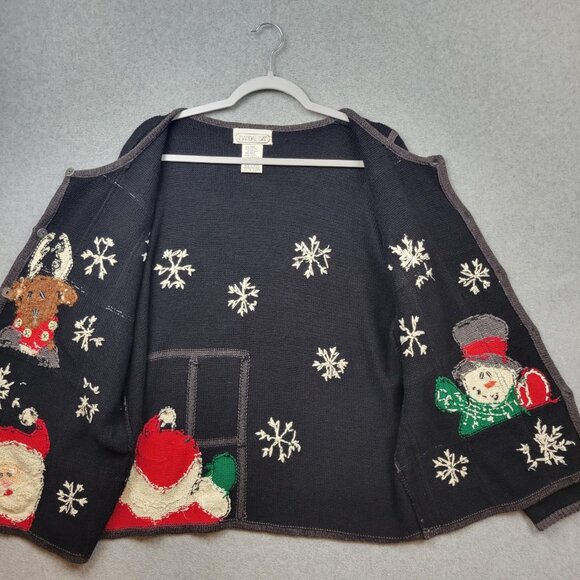 Vintage Mandal Bay Cardgan Womens XL Black Knit Santa Snowman Holiday Sweater - Picture 2 of 16